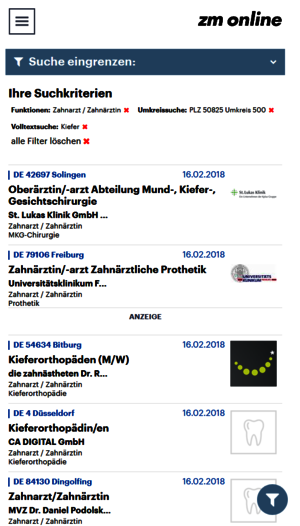 Trefferliste Mobil, Filter eingeklappt